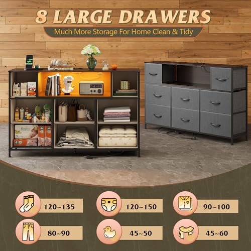 WLIVE Dresser for Bedroom with Charging Station and LED Lights, 8 Drawer R754