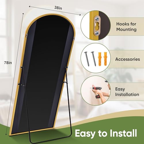 78" Oversized Arched Floor Mirror with Stand, Aluminum Frame, Black N18643