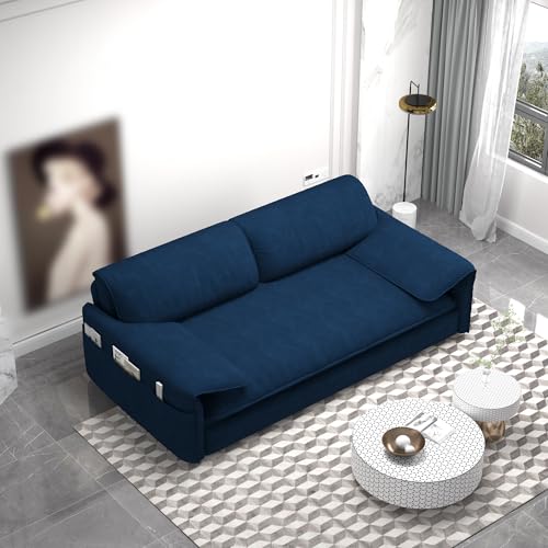 Queen Size Futon Sofa Bed with 2 Pillows, Blue V9731