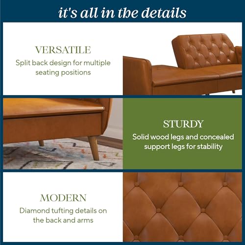 Novogratz Tallulah Memory Foam Futon Convertible Couch, Camel Faux Leather F5939