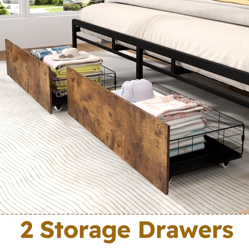 Full Size Bed Frame with Headboard, LED Lights, 4 Storage Drawers, Charging Station, Black C93321