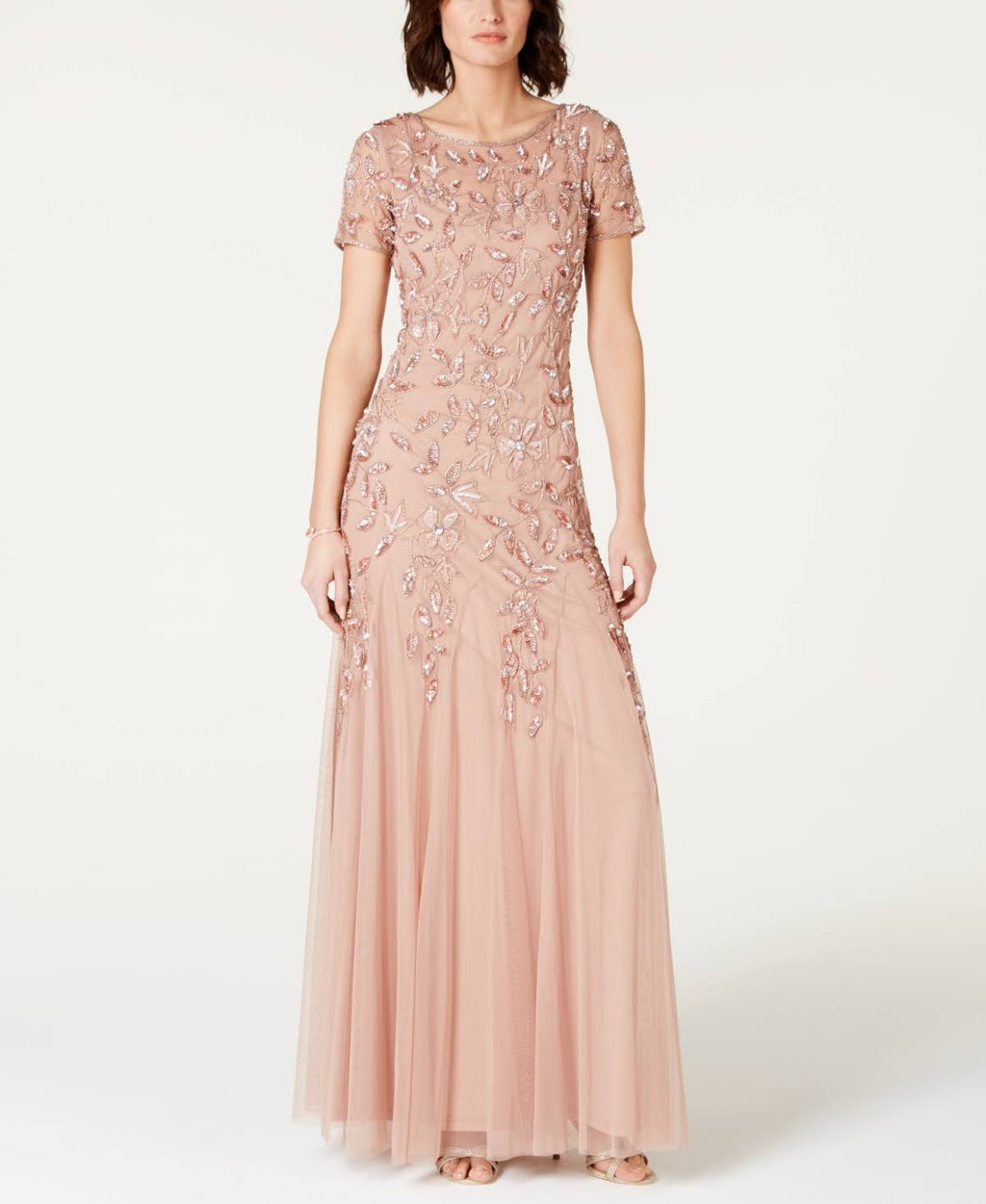 Adrianna Papell Floral-Beaded Gown Rose Gold F674