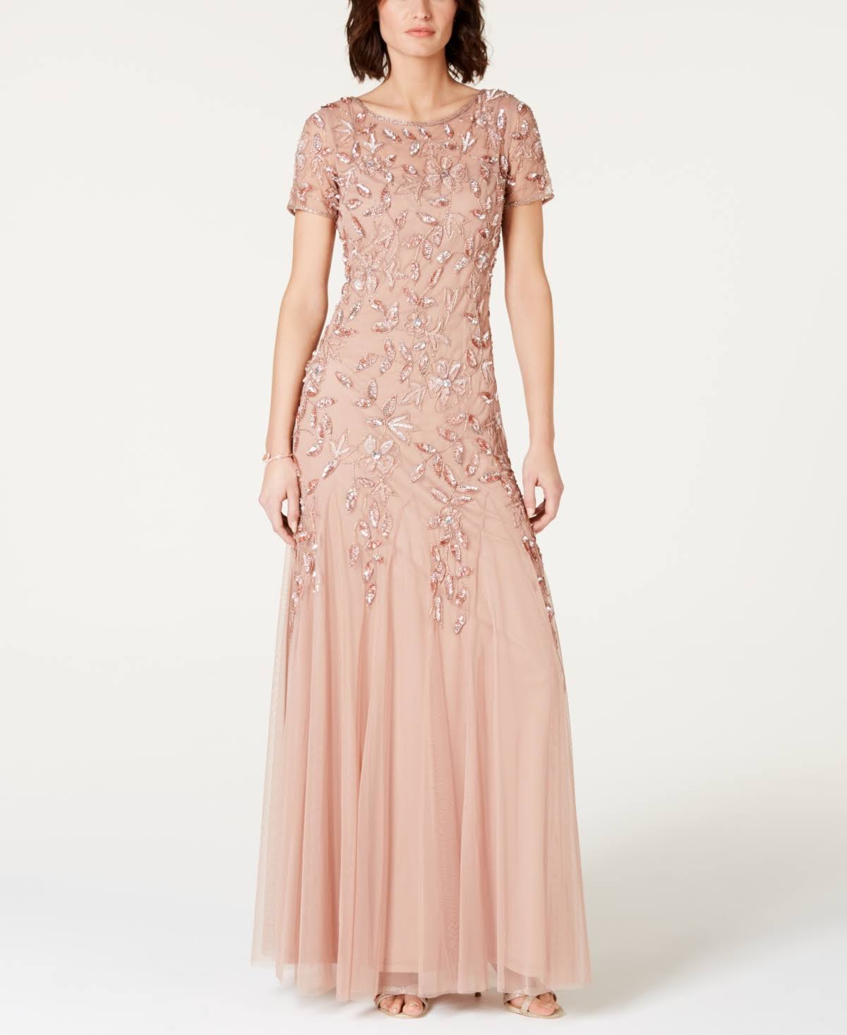 Adrianna Papell Floral-Beaded Gown Rose Gold F674