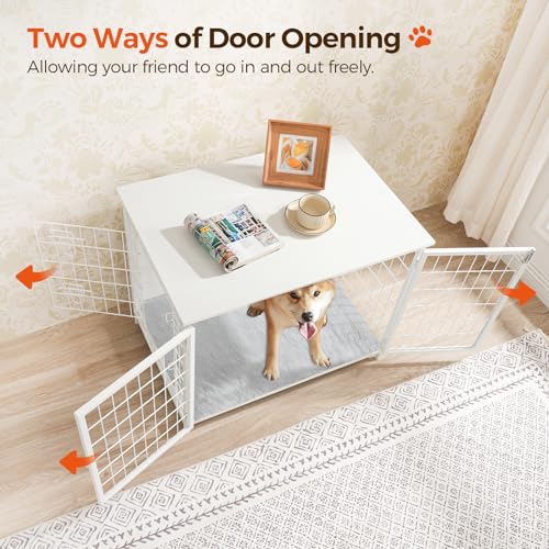 Wooden Dog Crate Furniture with Cushion, Double Doors, Greige X29262