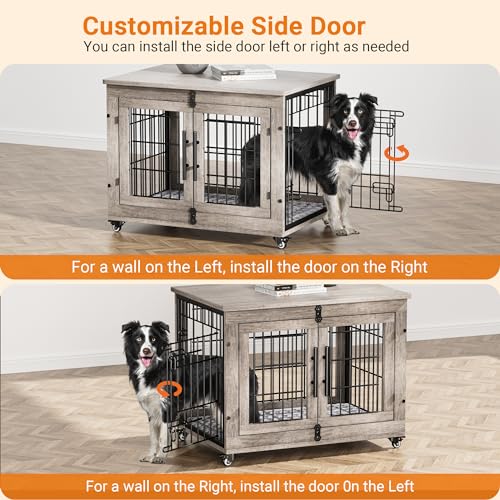 Lulive Dog Crate Furniture for Medium Dogs, 32" Wooden Kennel with Cushion & Wheels, Grey D230281