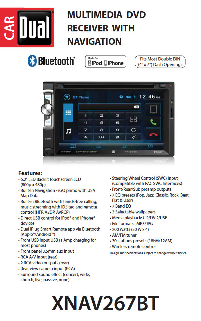 Dual Electronics XNAV267BT 6.2 inch Multimedia Touch M188