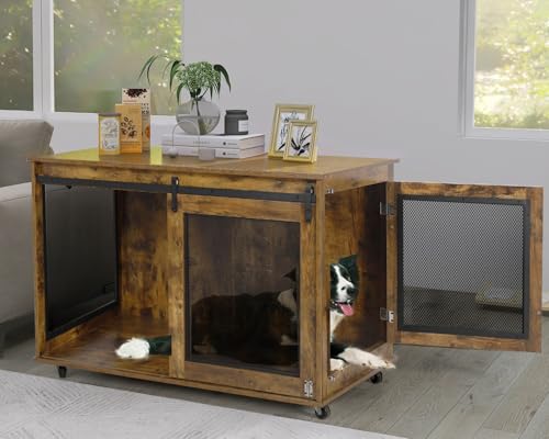 LINLUX 47 Inch XL Wooden Dog Crate Furniture with Sliding Doors and Wheels V980