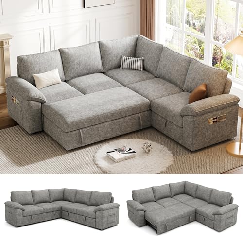 108 Inch U-Shaped Sectional Sleeper Sofa with Pull Out Bed, Dark Grey J60928