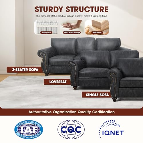 Mid-Century 3-Seater Sofa with Rivet Design, Removable Cover and Solid Wood Frame I150