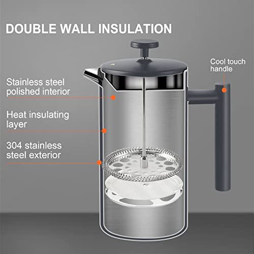 Secura French Press Coffee Maker, 34oz Stainless Steel Insulated, Silver W447