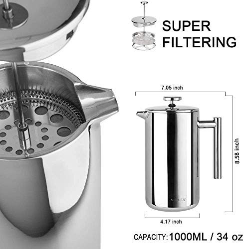 Secura French Press Coffee Maker, 34oz Stainless Steel Insulated, Silver W447