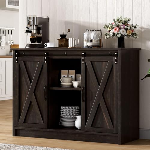 4 EVER WINNER Coffee Bar Cabinet with Sliding Barn Doors, 42" Sideboard Buffet, Espresso O37010