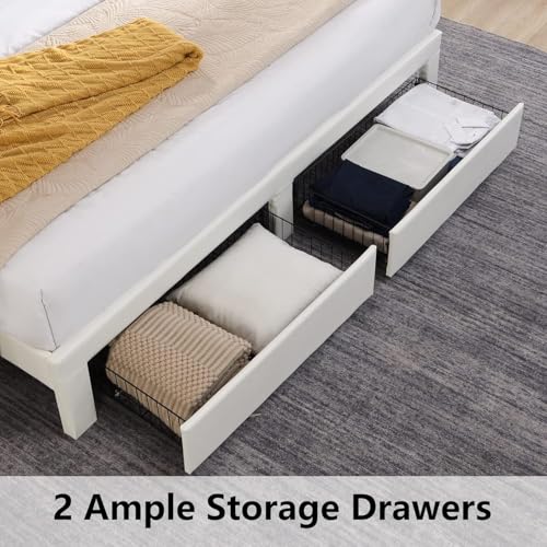 Queen Bed Frame with Headboard & Charging Station, Upholstered, 2 Storage Drawers, White T9445